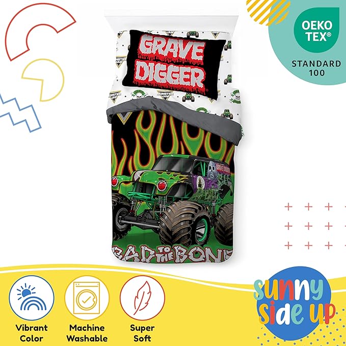 Sunny Side Up Monster Jam Twin Comforter Set - 5 Piece Kids Bedding Includes Comforter, Sheets & Pillow Cover - Super Soft Trucks Microfiber Bed Set