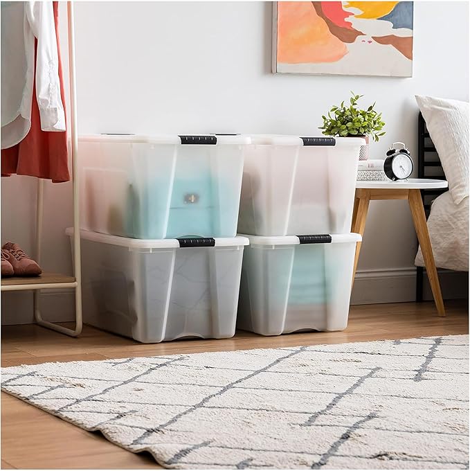 IRIS USA 72 QT Plastic Storage Box with Lid and Latches - 4 Pack - BPA-Free, Discreet Organizing Solution, Durable Nestable Stackable Containers, Secure Pull Handle - Pearl