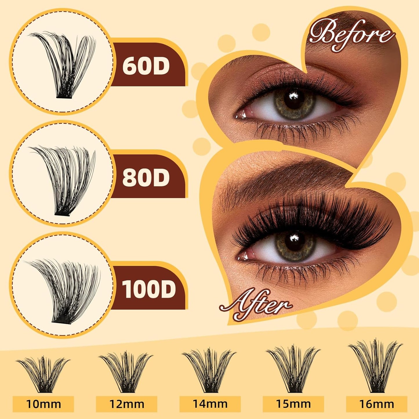 QUEWEL DIY-Lash-Extension-Kit, 280pcs 60+80+100D Lash-Clusters Mixed 10-16mm Thick Lash-Clusters-Kit with Lash Bond and Seal, and Cluster Lashes Tweezers Easy DIY at Home(60+80+100 KIT)