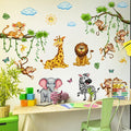 Cute Jungle Theme Wall Stickers Removable Animal Forest Wall Decals Elephant Monkey Lion Giraffe Zebra Peel and Stick Tropical Wall Art Decor for Nursery Bedroom Classroom (Colourful)