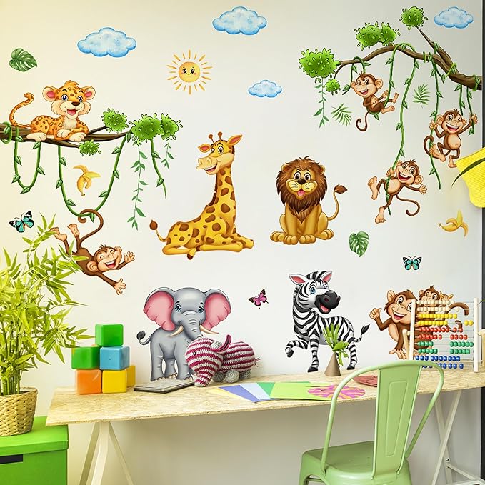 Cute Jungle Theme Wall Stickers Removable Animal Forest Wall Decals Elephant Monkey Lion Giraffe Zebra Peel and Stick Tropical Wall Art Decor for Nursery Bedroom Classroom (Colourful)