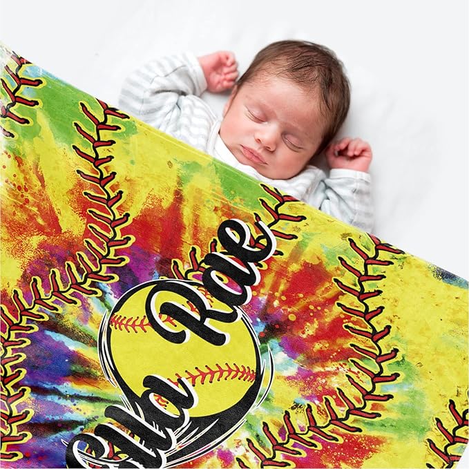 Personalized Softball Kids Blanket with Name and Number - Custom Sport Bed Blankets Gift for 0-3 Months Baby Essential - Super Warm and Comfortable 30x40inch