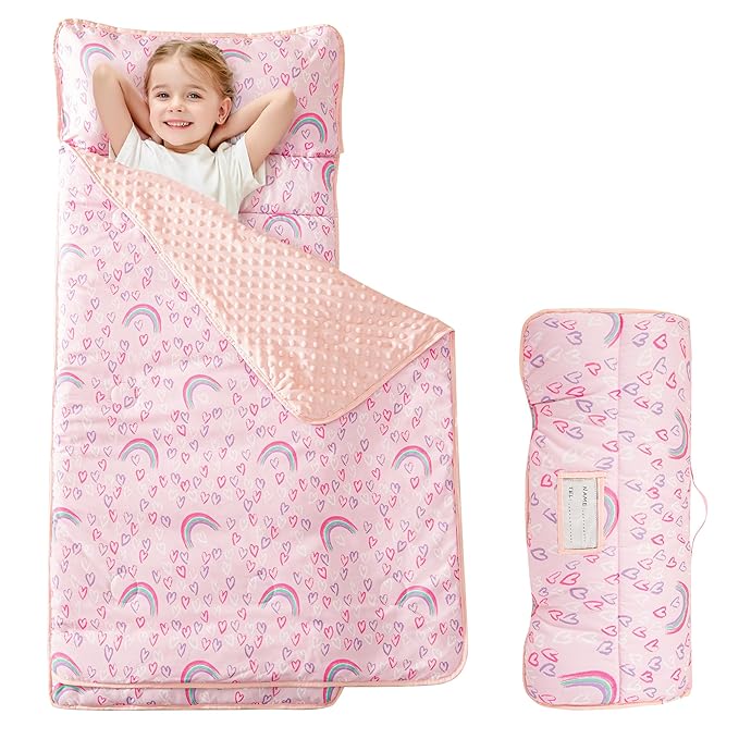Viviland Toddler Kid Nap Mat for Preschool, Girls Pink Rainbow Slumber Bag, Daycare Sleeping Bag with Pillow and Blanket, Kindergarten Sleep Mat