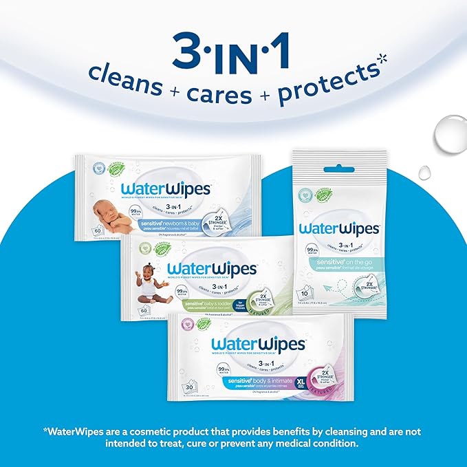 WaterWipes Sensitive+ Newborn & Baby Wipes, 3-In-1 Cleans, Cares, Protects, 99.9% Water, Unscented & Hypoallergenic, 1440 Count (24 Packs)