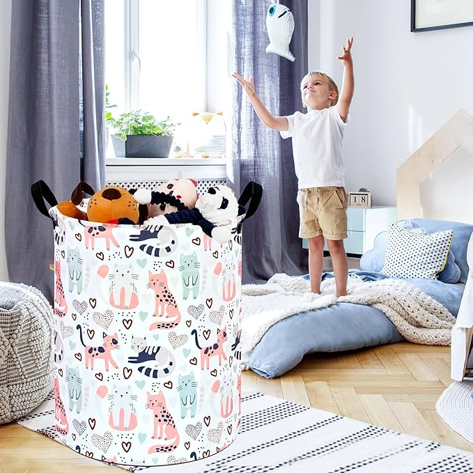 KUNRO Round Cat Laundry Gift Basket Storage Hamper, Kids Toys and Clothes Storage Organizer Bins, Toy Shelf Basket with Handles for Room Decor