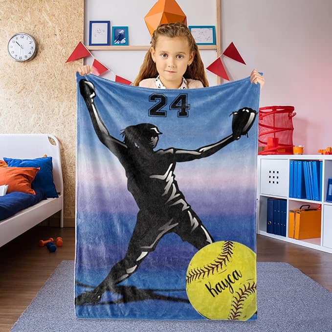 Custom Softball Blanket with Name Number: Personalized Fluffy and Warm Gift for Baby Toddler Kids and Adults Birthday Skin-Friendly Flannel Fabric(50x60inch)