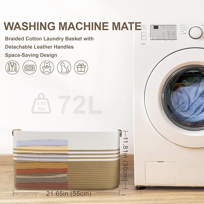 72L Large Laundry Basket with Leather Handles for Living Room Storage, Woven Rope Baskets Bin for Blanket, Kids Toy, Gifts, Wicker Hamper for Bedroom Dirty Clothes, 22"x17"x12" Khaki