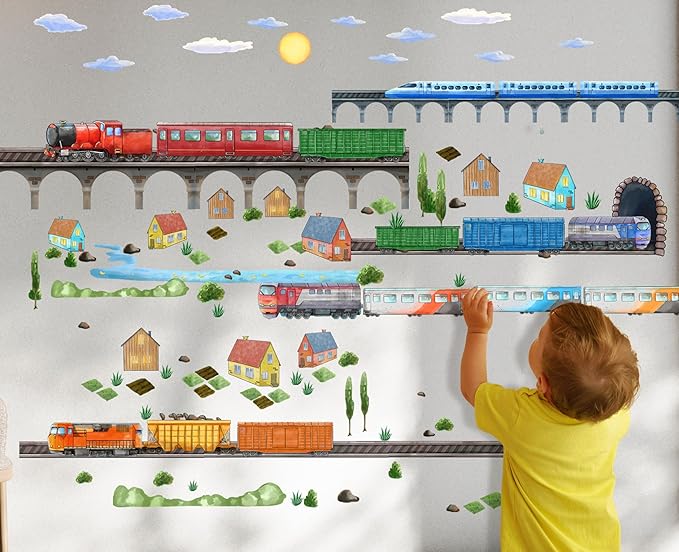 Train Wall Decals for Kids by Lipastick - Educational Railroad Wall Stickers for Boys and Girls - Peel and Stick Locomotive, Carriage, Wagon Wall Decals for Nursery, Playroom, Bedroom Decor -L Size