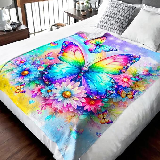 Girls Butterfly Blanket Gift, Throw for Kids Teens Adults 50x60 Inches Soft Warm Throw Blankets for Sofa Couch Bed Travel Aesthetics Decor Stuff