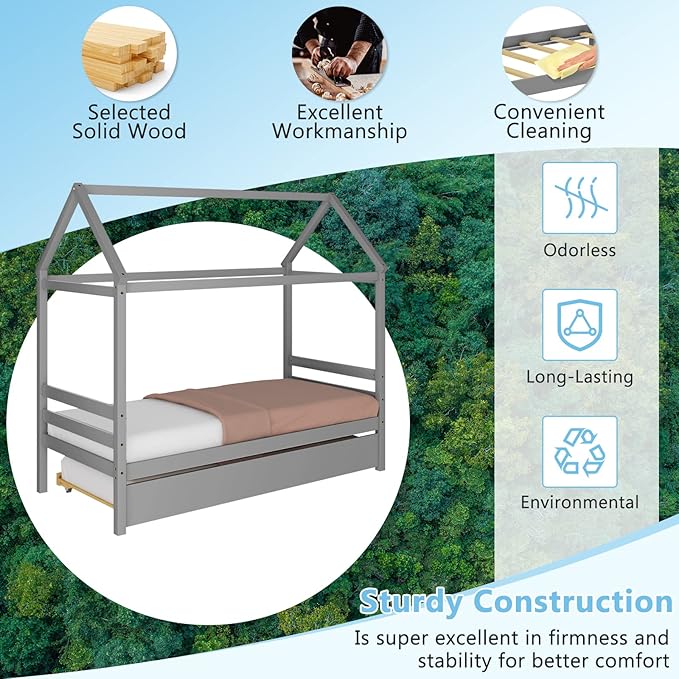 KOMFOTT Twin House Bed with Trundle, Solid Wood Playhouse Platform Bed Frame, Kids Daybed with Roof for Girls & Boys, No Box Spring Needed, Noise-Free Design, Easy Assembly, Grey