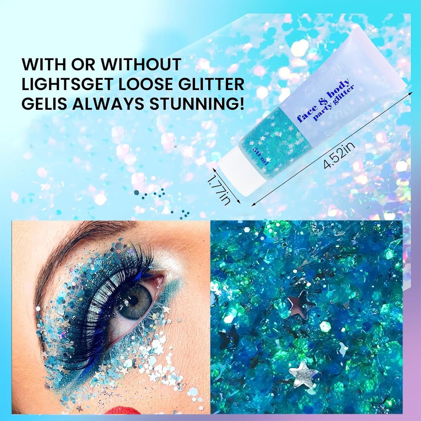 DAGEDA Body Glitter Gel, Face Glitters Body Gel Sequins Shimmer Liquid Eyeshadow, Chunky Glitter for Face Hair Nails, Holographic Cosmetic Laser Powder Festival Glitter Makeup 1.7oz (Lake Blue)