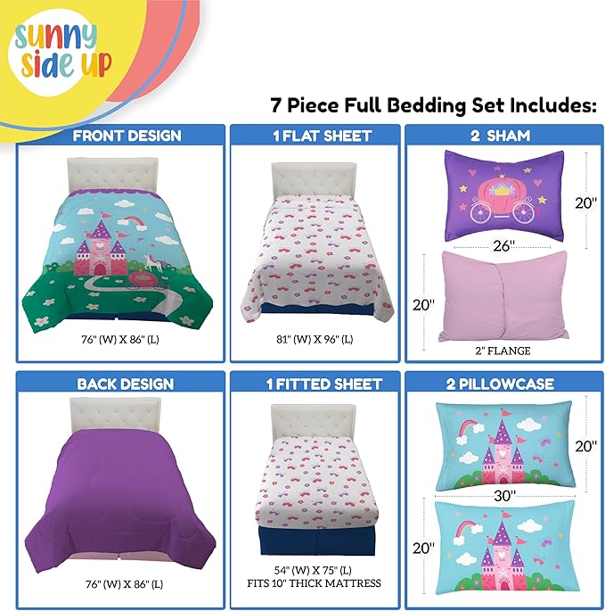 Sunny Side Up Magic Castle Full Comforter Set - 7 Piece Kids Bedding Includes Comforter, Sheets & Pillow Cover - Super Soft Floral Microfiber Bed Set