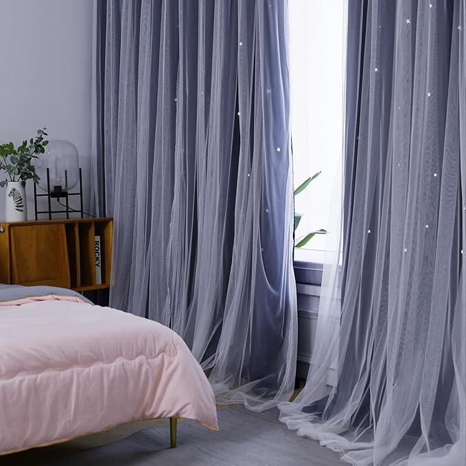Kinryb Kids Star Cutout Curtains for Bedroom/Living Room/Classroom,2 Free Tiebacks Sheer Overlay 2 Panel Set, Double Layer Curtains for Kids Room(Each Piece W70 x L95 Inches 2 Pcs Navy Blue)