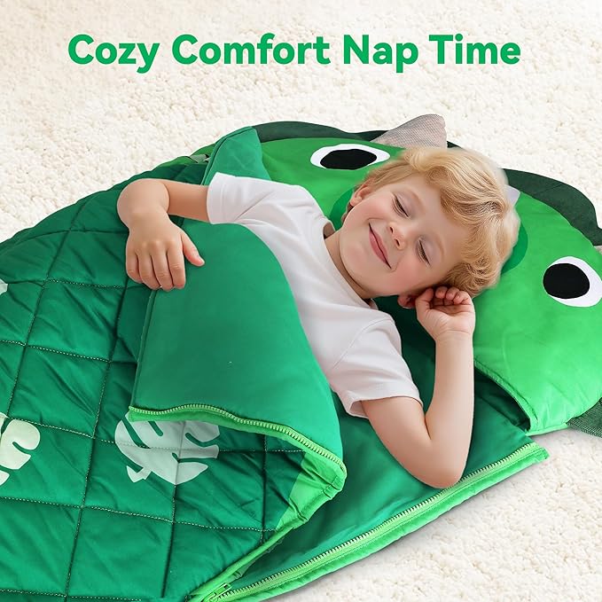 iPlay, iLearn Kid Sleeping Bag, Dinosaur Slumber Sack, Toddler Boy Nap Mat, 2 in 1 Green Dinos Cushion Blanket, Happy Travel Sleepover Daycare Preschool Birthday Gift for 3 4 5 6 Years Old Child