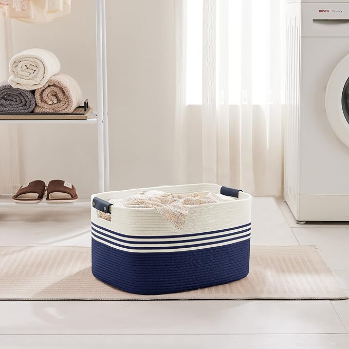 45L Small Laundry Basket with Leather Handles for Living Room Storage, Woven Rope Baskets Bin for Blanket, Kids Toy, Gifts, Wicker Hamper for Bedroom Dirty Clothes, 18"x14"x11" White Navy