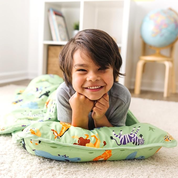 Wildkin Kids Microfiber Nap Mat – Soft Sleep Mat with Pillow, Ideal for School & Travel - Wild Animals