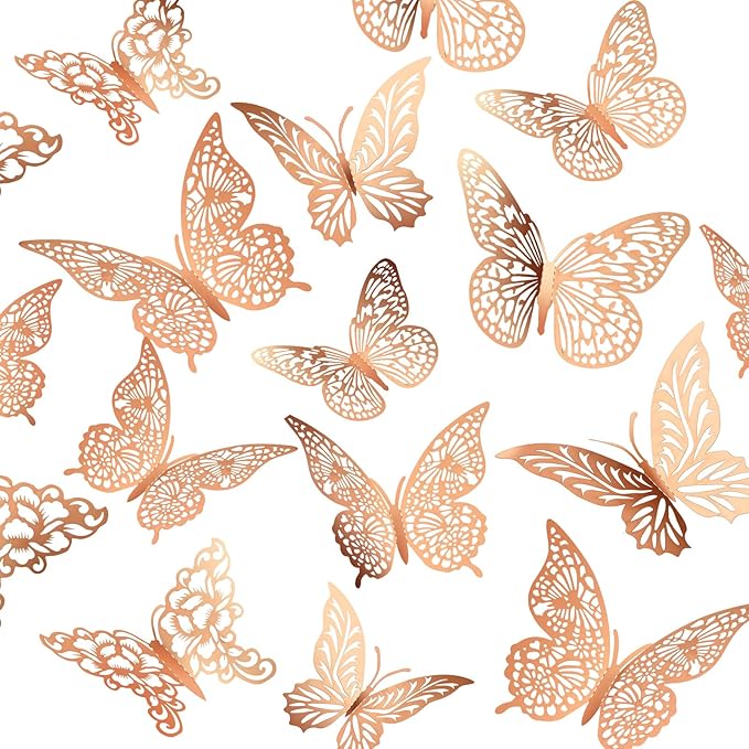 3D Gold Butterfly Wall Decor 3 Sizes 4 Styles Butterfly Party Decorations Cake Decorations Removable Stickers Wall Decor Room Mural Metallic Kids (Rose Gold, 96Pcs)