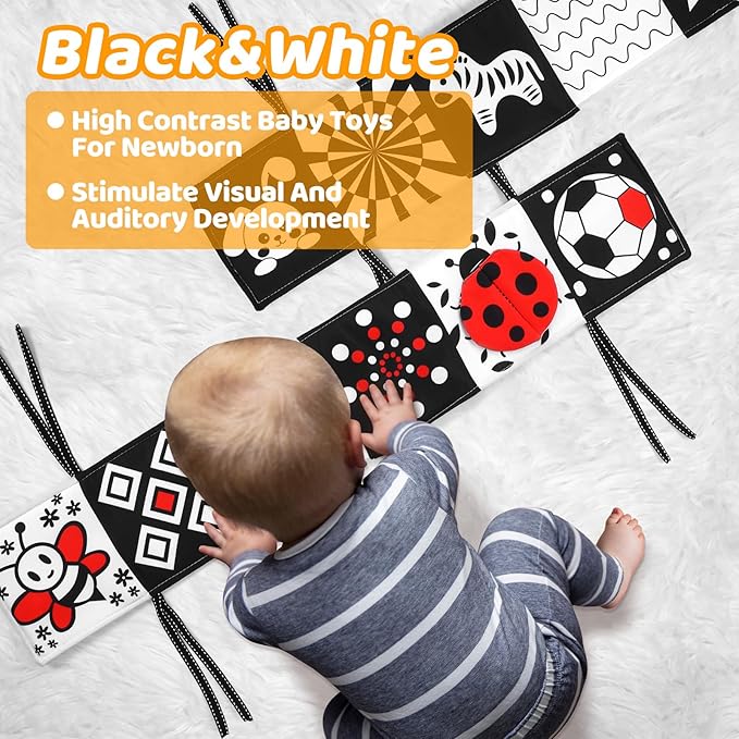 Newborn Black and White High Contrast Baby Book for 0-3 Months Brain Development, Tummy Time Sensory Infant Toys, Montessori Essentials for 0-6-12 Months Gifts
