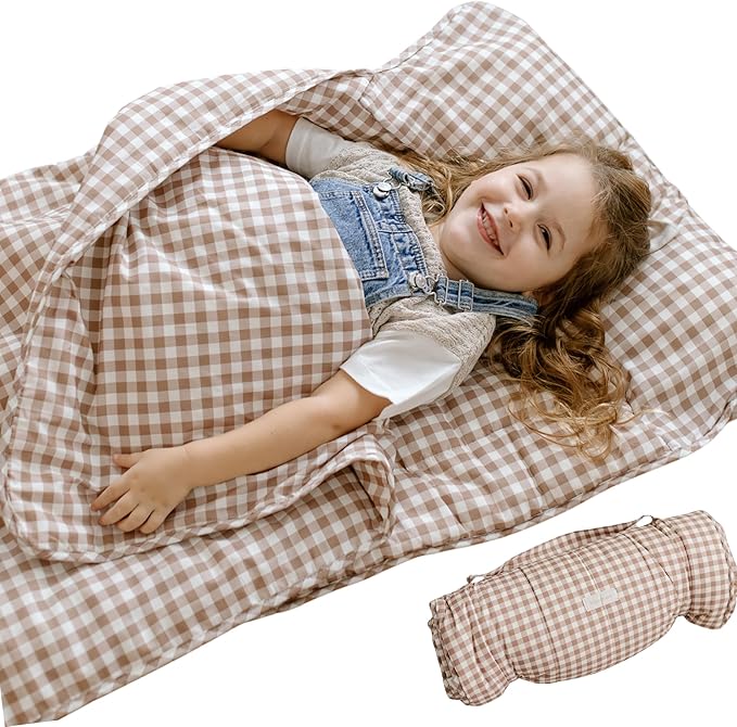 Organic Toddler Nap Mat – 100% Cotton Kids Washable Sleeping Mat & Detachable Pillow – Sleeping Bag with Soft 1.5” Pad – Ideal Nap Mat for Daycare, Preschool, & Sleepovers