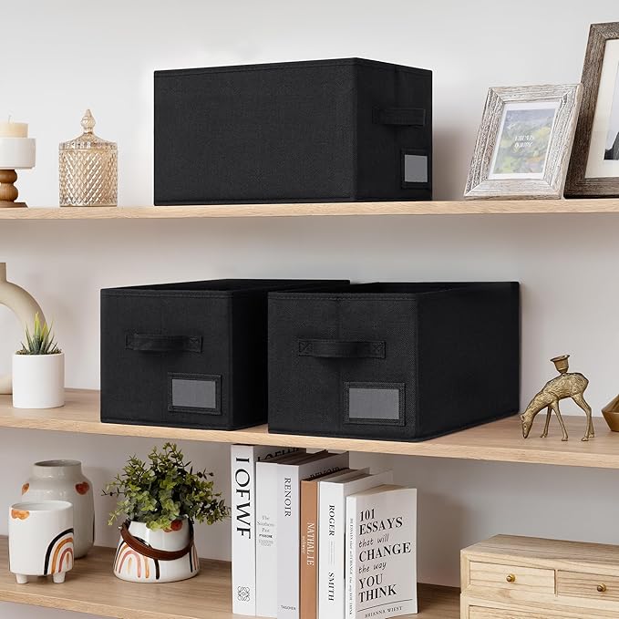 GRANNY SAYS Shelf Storage Bins, Fabric Storage Baskets for Closet and Clothes, Collapsible Storage Boxes with Handles, Decorative Storage Containers for Bedroom, Black, Large, 3-Pack