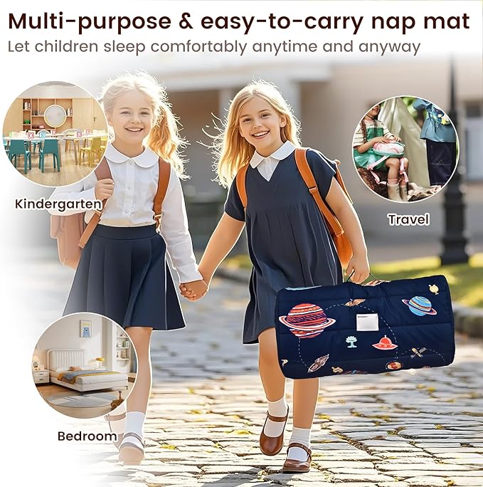 PHF Space Toddler Nap Mat Set, with Removable Pillow for Toddler Boys Girls, Soft and Lightweight for Daycare, Preschool, Travel, Kindergarten Sleeping Bag, Fits Ages 3-6 Years, Space