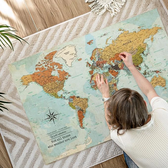 ElephantStock - Personalized Wanderer Push Pin World Map Wall Art - Horizontal Canvas Wall Art - Living Room Wall Decor - Digital Art Map Canvas Art - Orange And Blue Decor - 48" x 32"