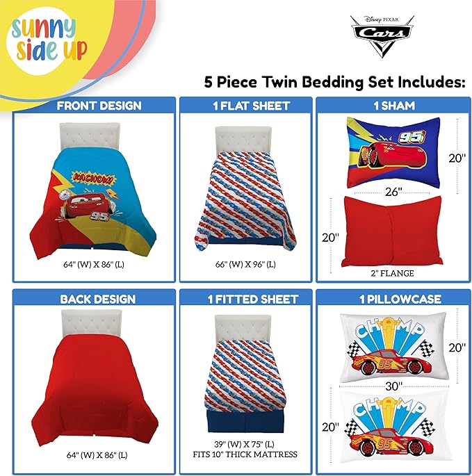 Sunny Side Up Disney Pixar Cars Lightning McQueen Twin Comforter Set - 5 Piece Kids Bedding Includes Comforter, Sheets & Pillow Cover - Super Soft Racecar Microfiber Bed Set