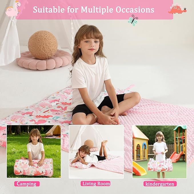 Toddler Nap Mat for Preschool 50''x30'' Sleeping Mat with Removable Pillow and Minky Blanket for Kids Ages 3-7 Roll Up Soft Sleeping Bag for Boys Girls Kindergarten Daycare Sleepover