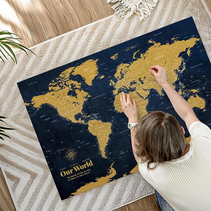 ElephantStock - Personalized Push Pin World Map - Gold Wall Art - Horizontal Canvas Wall Art - Living Room Wall Decor - Digital Art Map Canvas Art - Orange And Blue Decor - 45" x 30"