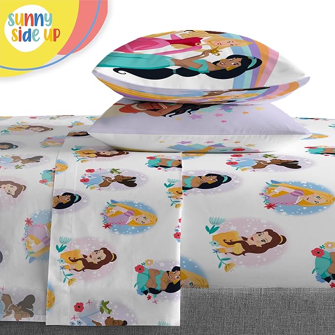 Disney Princess Full Comforter Set - 7 Piece Kids Bedding Includes Comforter, Sheets & Pillow Cover - Super Soft Rainbow Stars Microfiber Bed Set