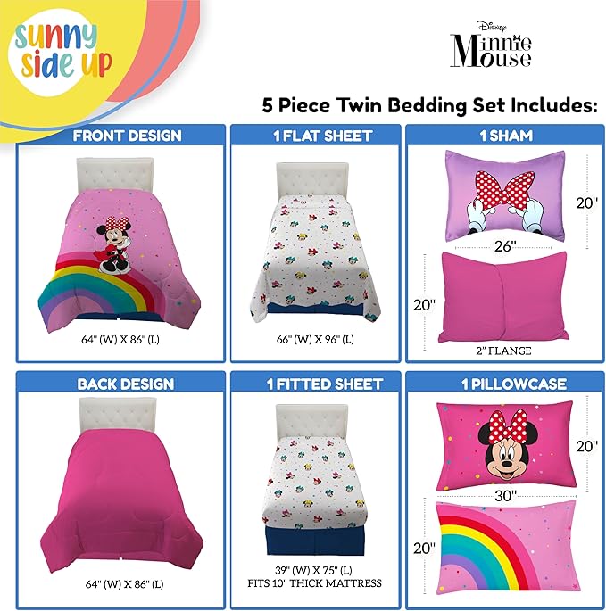 Sunny Side Up Disney Minnie Mouse Twin Comforter Set â€“ 5 Piece Kids Bedding Includes Comforter, Sheets & Pillow Cover â€“ Super Soft Rainbow Dots Microfiber Bed Set