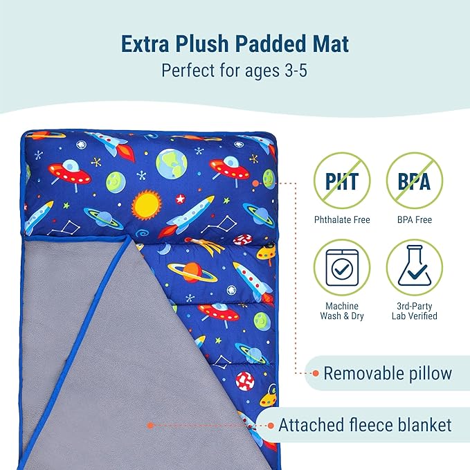 Wildkin 43-inch Kids Nap Mat – Soft Microfiber Toddler Sleeping Mat with Pillow