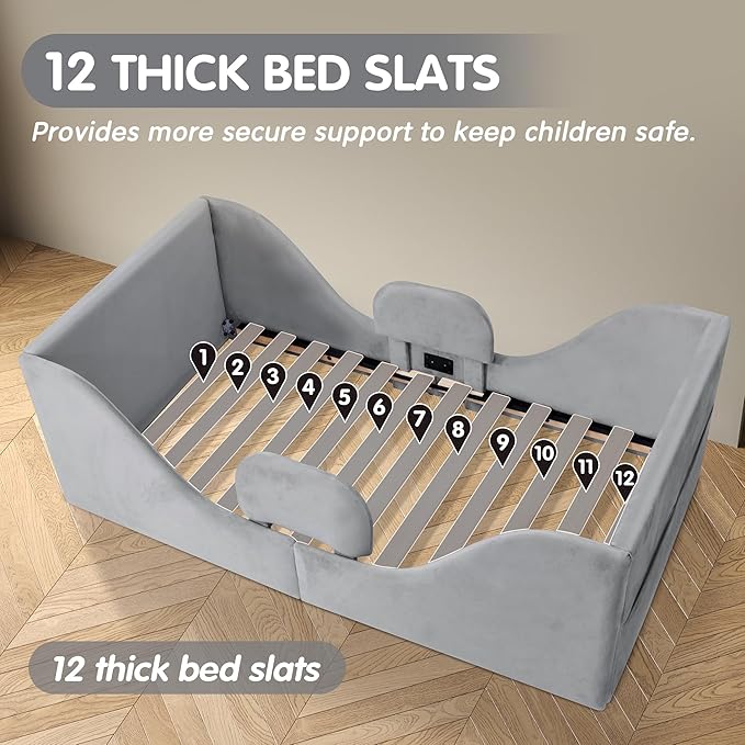 Toddler Floor Bed with Removable Safety Rails, Standard Crib Size Low Profile Toddler Bed Frame for Kids 1-7 Years, Soft Velvet Montessori Bed (Mattress Not Included)
