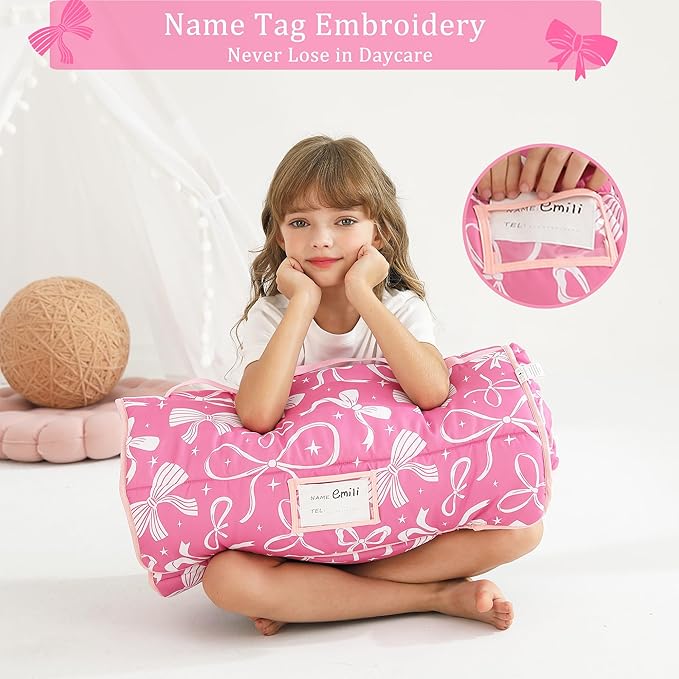 Toddler Nap Mat for Preschool 50''x30'' Sleeping Mat with Removable Pillow and Minky Blanket for Kids Ages 3-7 Roll Up Soft Sleeping Bag for Boys Girls Kindergarten Daycare Sleepover