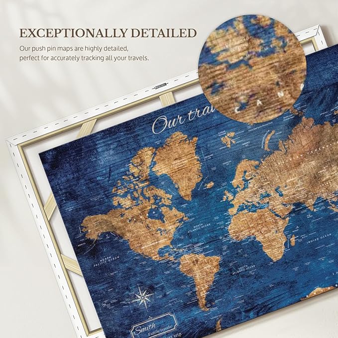 ElephantStock - Personalized Our Travel I Push Pin World Map Wall Art - Horizontal Canvas Wall Art - Living Room Wall Decor - Digital Art Map Canvas Art - Brown And Blue Decor - 36" x 24"