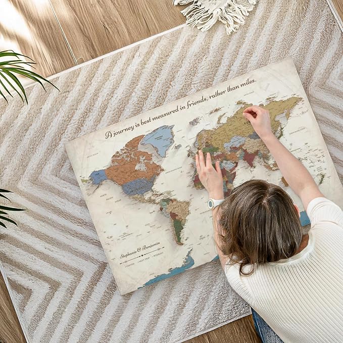 ElephantStock - Personalized Journey V Push Pin World Map Wall Art - Horizontal Canvas Wall Art - Living Room Wall Decor - Digital Art Map Canvas Art - Beige And Orange Decor - 36" x 24"