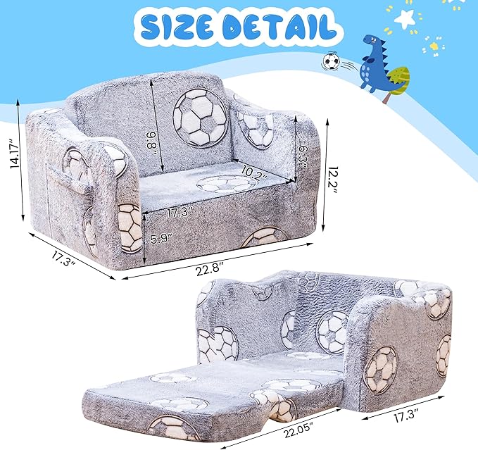 Lamerge 2-in-1 Toddler Couch,Glow in The Dark Baby Floor Bed,Foldable Toddler Chair Kids Sofa for playroom,Convertible Sofa to Lounger for Girls and Boys (Grey and Football)