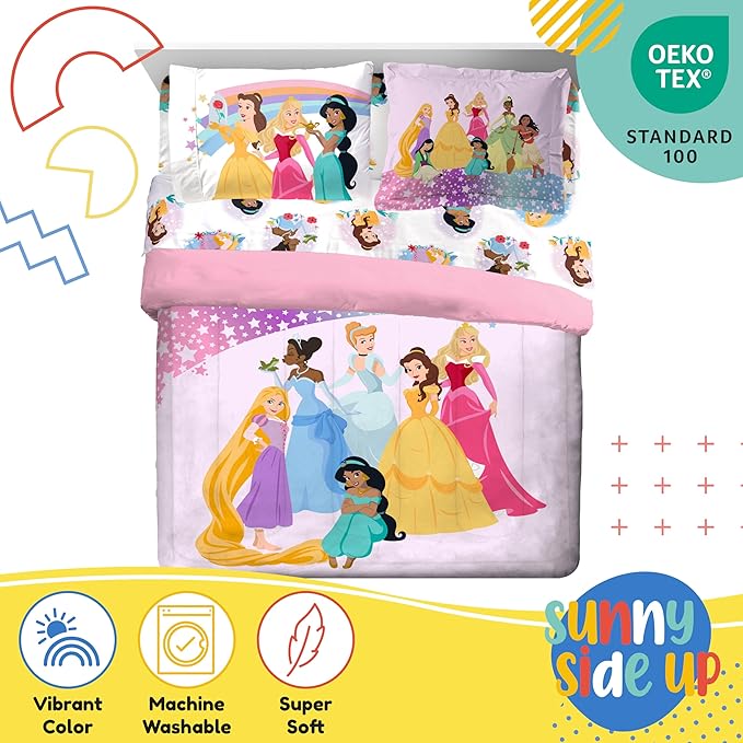 Disney Princess Full Comforter Set - 7 Piece Kids Bedding Includes Comforter, Sheets & Pillow Cover - Super Soft Rainbow Stars Microfiber Bed Set