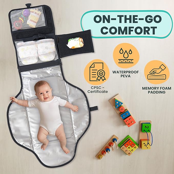 Pillani Portable Changing Pad - Travel Diaper Changing Mat, Waterproof, Foldable & Detachable Station with Baby Wipes Pockets