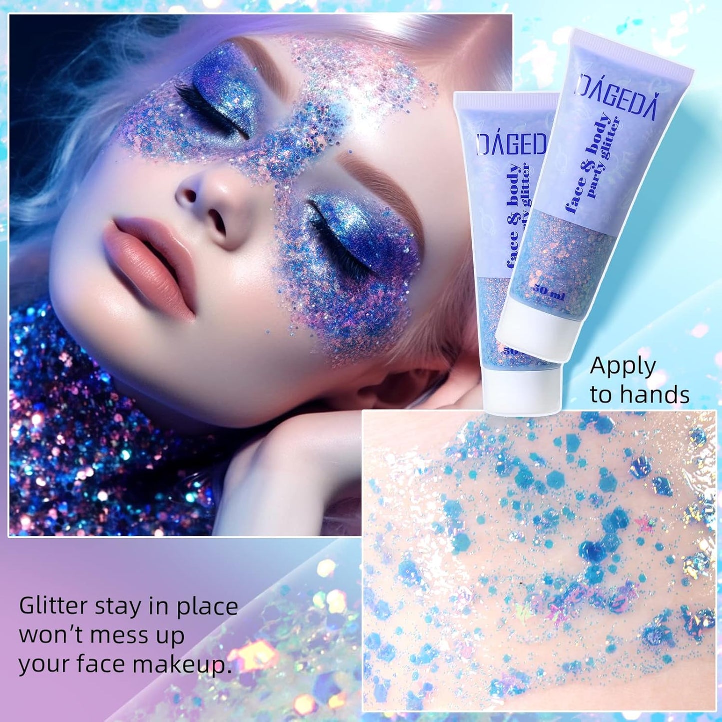 DAGEDA Body Glitter Gel, Face Glitters Body Gel Sequins Shimmer Liquid Eyeshadow, Chunky Glitter for Face Hair Nails, Holographic Cosmetic Laser Powder Festival Glitter Makeup 1.7oz (Mermaid)