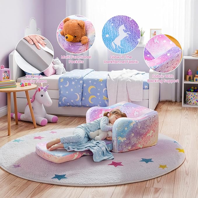 Lamerge 2-in-1 Toddler Couch,Glow in The Dark Baby Floor Bed,Foldable Toddler Chair Kids Sofa for playroom,Convertible Sofa to Lounger for Girls and Boys (Pink and Clouds)