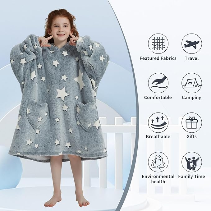 Fiosnow Glow in the Dark Star Blanket Hoodies for Kids 6-13YR Oversize Wearable Blanket Hoodies for Boys Girls Teens
