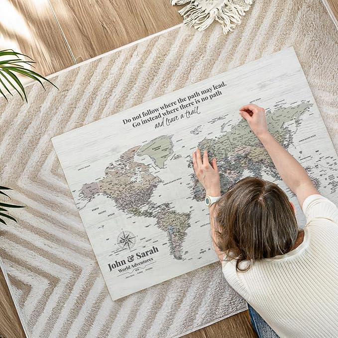ElephantStock - Personalized Leave A Trail Iii Push Pin World Map Wall Art - Horizontal Canvas Wall Art - Living Room Wall Decor - Digital Art Map Canvas Art - White And Gray Decor - 39" x 26"