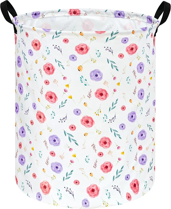 KUNRO Spring Flower Laundry Gift Basket Storage Hamper, Kids Toys and Clothes Storage Organizer Bins, Toy Shelf Basket with Handles for Room Decor