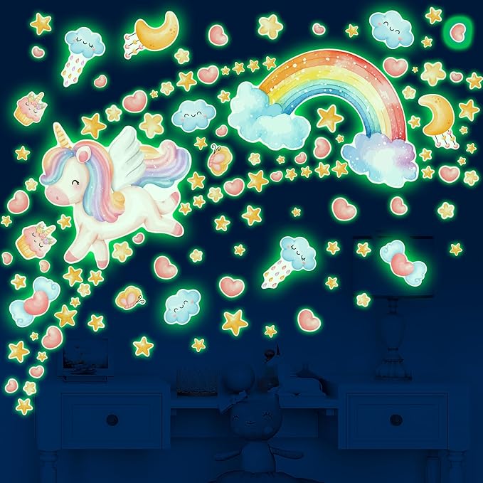 Large Unicorn and Rainbow Wall Decals Glow in The Dark, Watercolor Stars Stickers for Baby Girls Room, Luminous Ceiling Decor for Bedroom Playroom Nursery