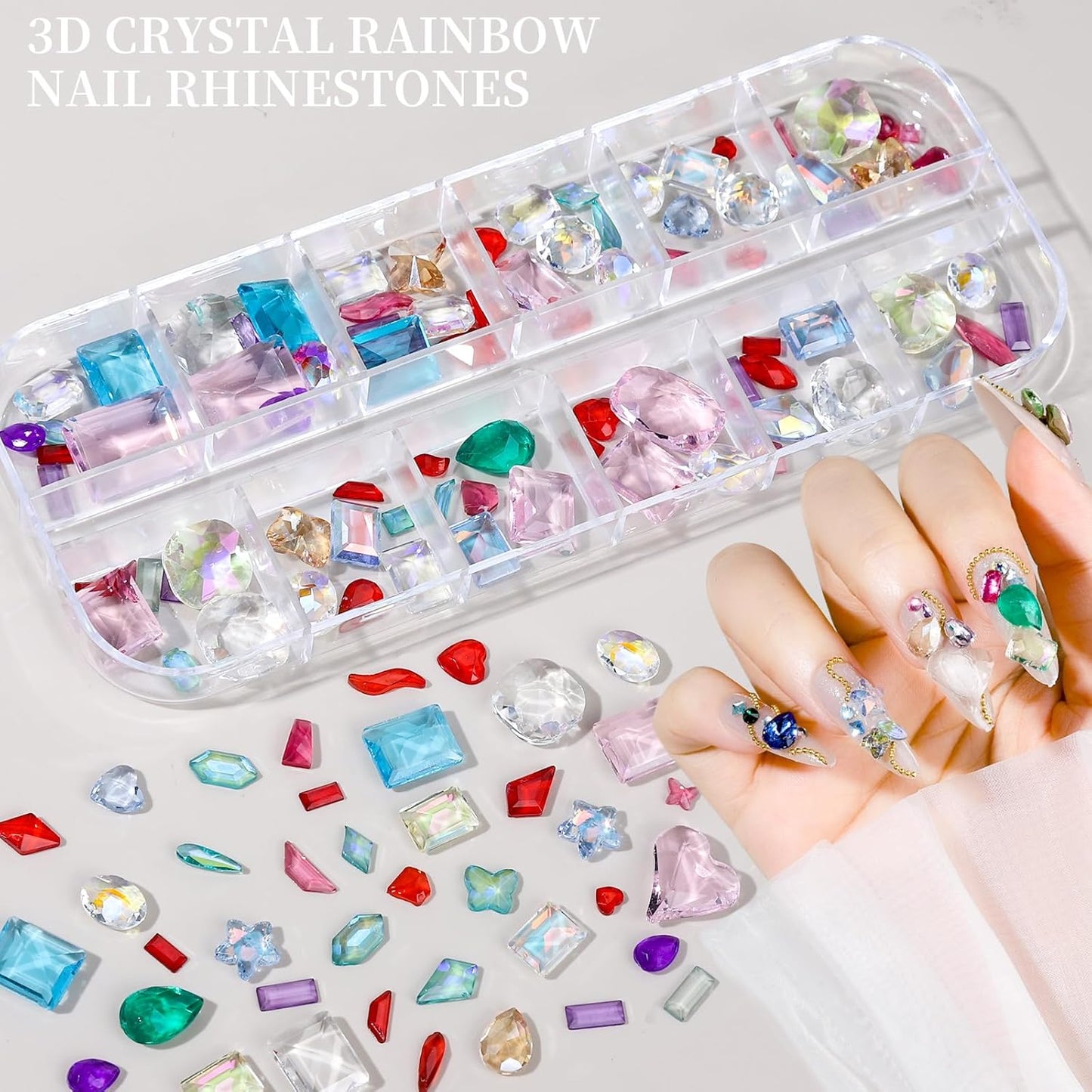 FANDAMEI Nail Gems, 3-Box Colorful Nail Rhinestones Nail Charms and Gems, 3D Rainbow Crystal Nail Diamonds Bulk, Mix-Size Flatback Gems for Nails, Gold Silver Nail Studs Beads for Nail Design
