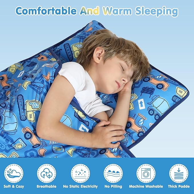 Viviland Toddler Kid Nap Mat for Preschool, Boys Blue Car Slumber Bag, Daycare Sleeping Bag with Pillow and Blanket, Kindergarten Sleep Mat
