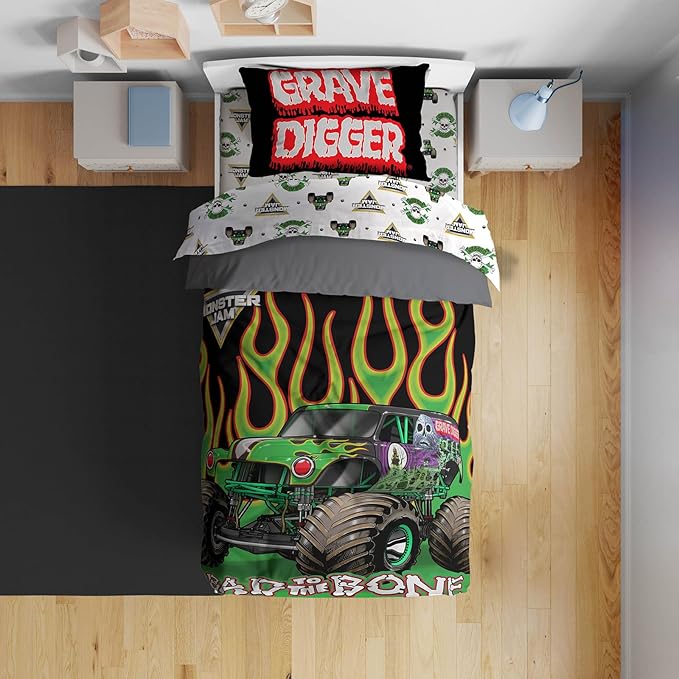 Sunny Side Up Monster Jam Toddler Comforter Set - 4 Piece Preschool Bedding Includes Comforter, Sheets & Pillow Cover - Super Soft Trucks Microfiber Bed Set