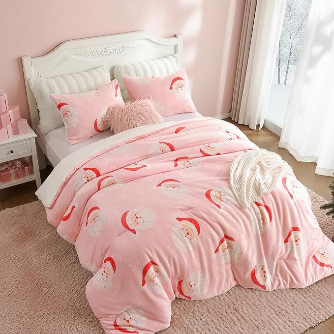 JANZAA Christmas Full Size Comforter Sets, Pink Flannel Comforter with Santa Pattern, Soft Cozy Fleece Bedding Set Fluffy Comforter Set 1 Full Comforter(79"*90") and 2 Pillowcases (20"*26")