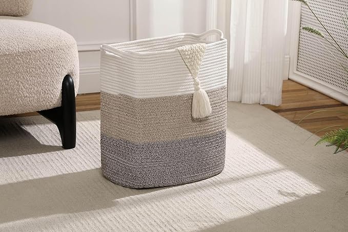 Tall Laundry Basket With Handles,Woven Cotton Rope Big Laundry Hamper Sorters,Versatile Storage for Dirty Clothes,Baby Toys,and Blankets in Bathroom, Nursery,and Living Room (Gradient Brown, 68L)